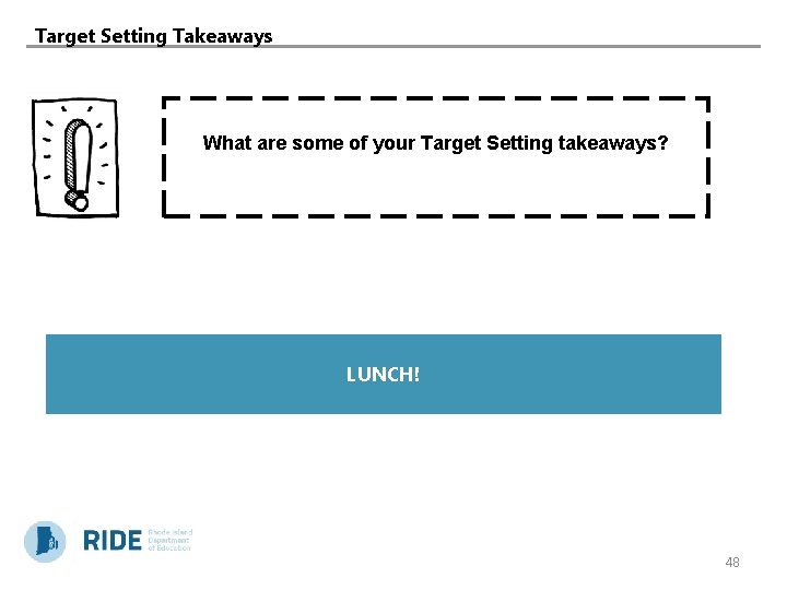 Target Setting Takeaways What are some of your Target Setting takeaways? LUNCH! 48 