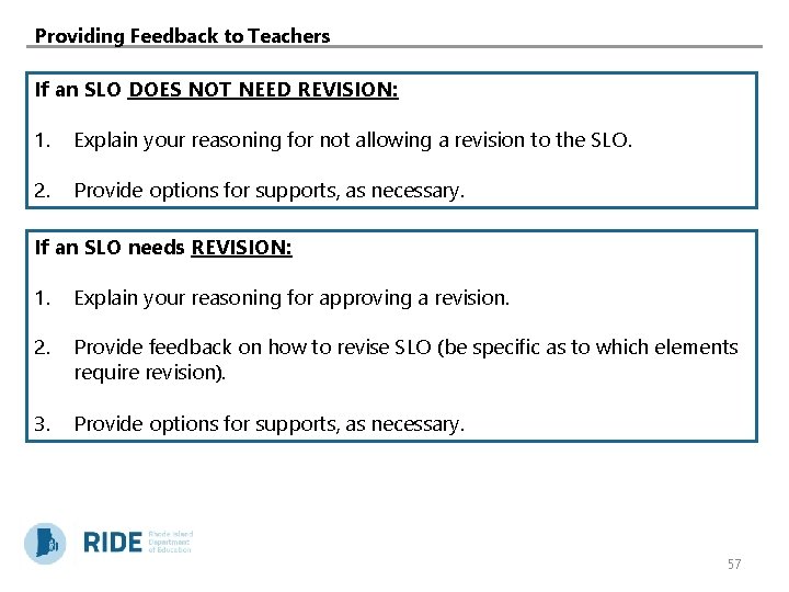 Providing Feedback to Teachers If an SLO DOES NOT NEED REVISION: 1. Explain your