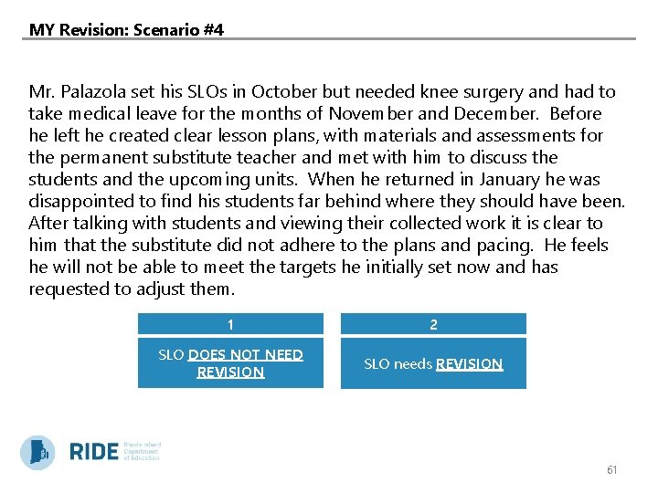 MY Revision: Scenario #4 Mr. Palazola set his SLOs in October but needed knee