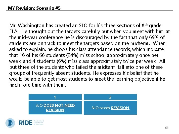 MY Revision: Scenario #5 Mr. Washington has created an SLO for his three sections