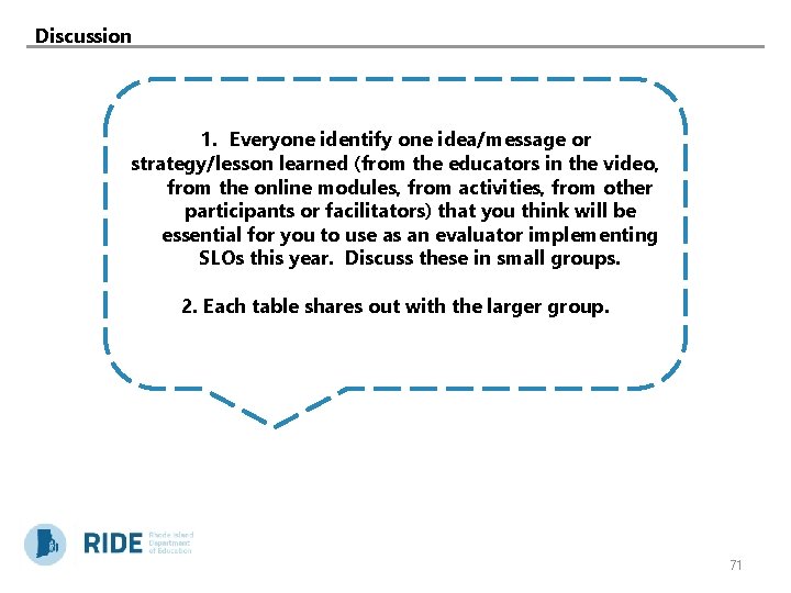 Discussion 1. Everyone identify one idea/message or strategy/lesson learned (from the educators in the