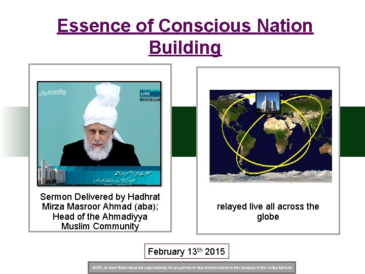 Essence of Conscious Nation Building Sermon Delivered by Hadhrat Mirza Masroor Ahmad (aba); Head