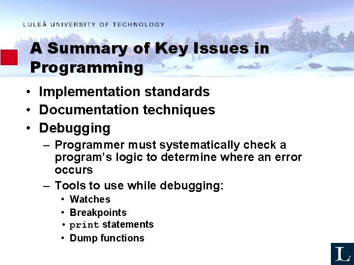 A Summary of Key Issues in Programming • Implementation standards • Documentation techniques •
