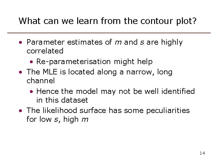 What can we learn from the contour plot? • Parameter estimates of m and