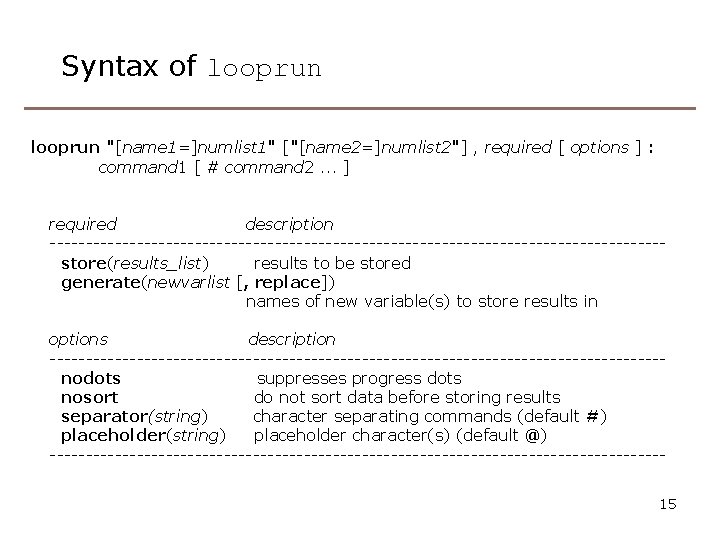 Syntax of looprun "[name 1=]numlist 1" ["[name 2=]numlist 2"] , required [ options ]