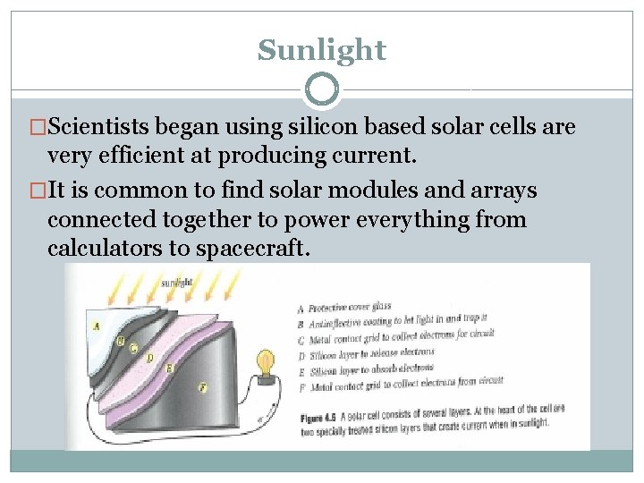 Sunlight �Scientists began using silicon based solar cells are very efficient at producing current.