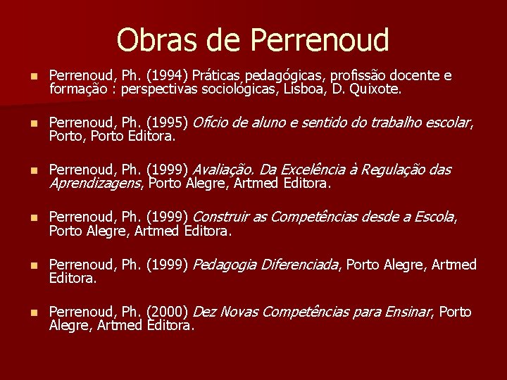 Obras de Perrenoud n Perrenoud, Ph. (1994) Práticas pedagógicas, profissão docente e formação :