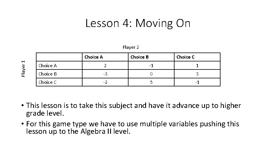 Lesson 4: Moving On Player 2 Player 1 Choice A Choice B Choice C