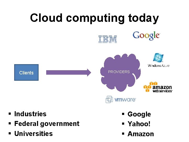 Cloud computing today Clients § Industries § Federal government § Universities PROVIDERS § Google