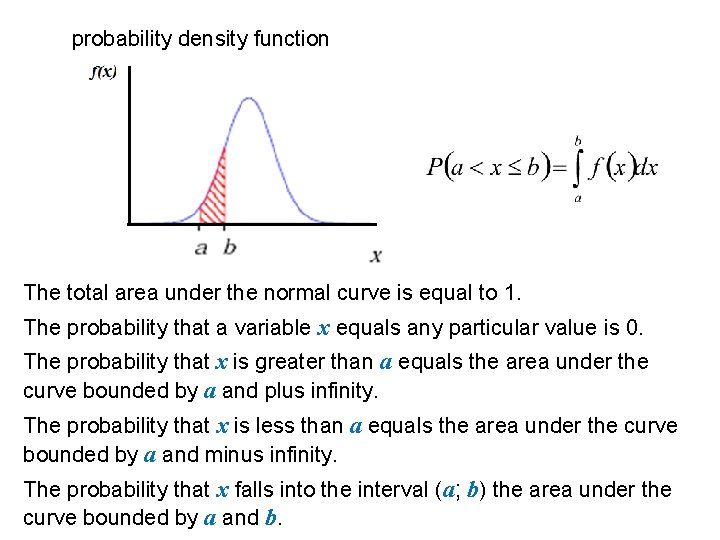 probability density function The total area under the normal curve is equal to 1.