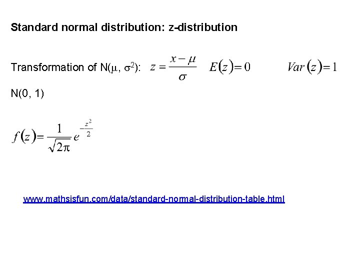 Standard normal distribution: z-distribution Transformation of N(m, s 2): N(0, 1) www. mathsisfun. com/data/standard-normal-distribution-table.