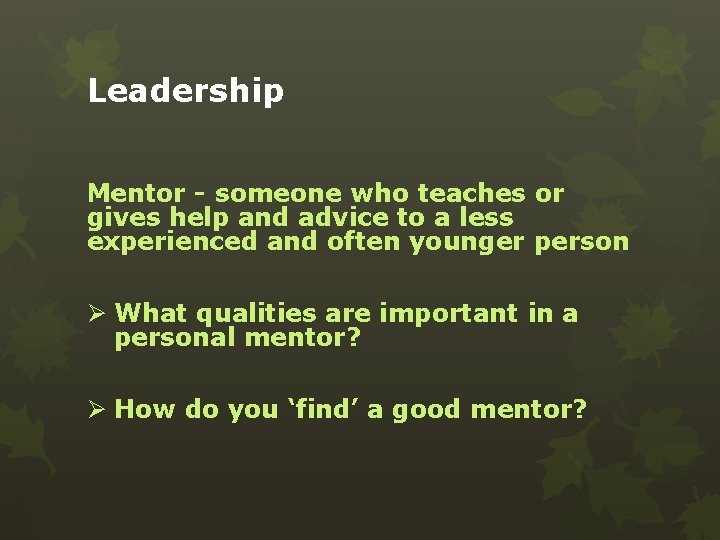 Leadership Mentor - someone who teaches or gives help and advice to a less