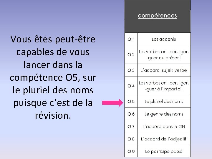 Vous êtes peut-être capables de vous lancer dans la compétence O 5, sur le