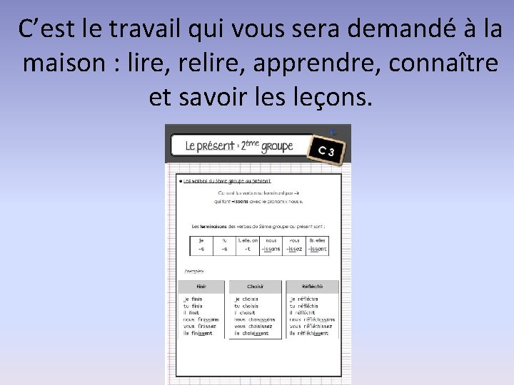 C’est le travail qui vous sera demandé à la maison : lire, relire, apprendre,