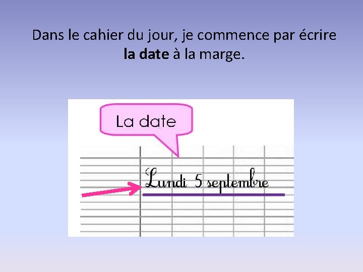 Dans le cahier du jour, je commence par écrire la date à la marge.