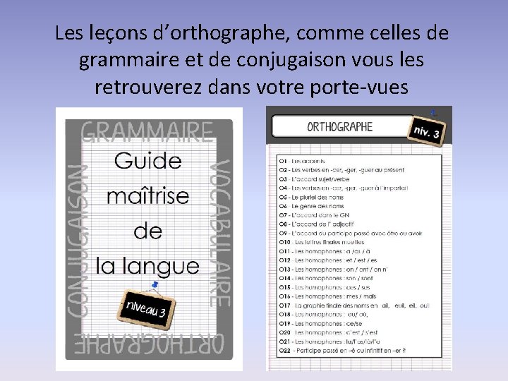 Les leçons d’orthographe, comme celles de grammaire et de conjugaison vous les retrouverez dans