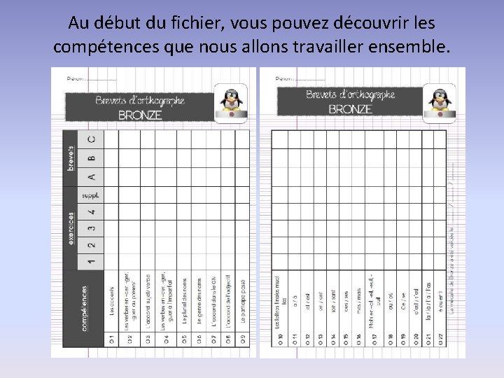 Au début du fichier, vous pouvez découvrir les compétences que nous allons travailler ensemble.