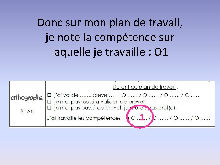 Donc sur mon plan de travail, je note la compétence sur laquelle je travaille