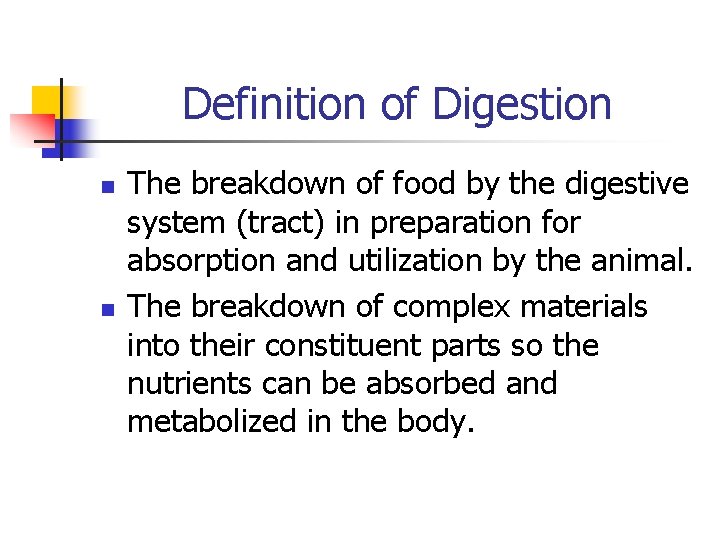 Definition of Digestion n n The breakdown of food by the digestive system (tract)