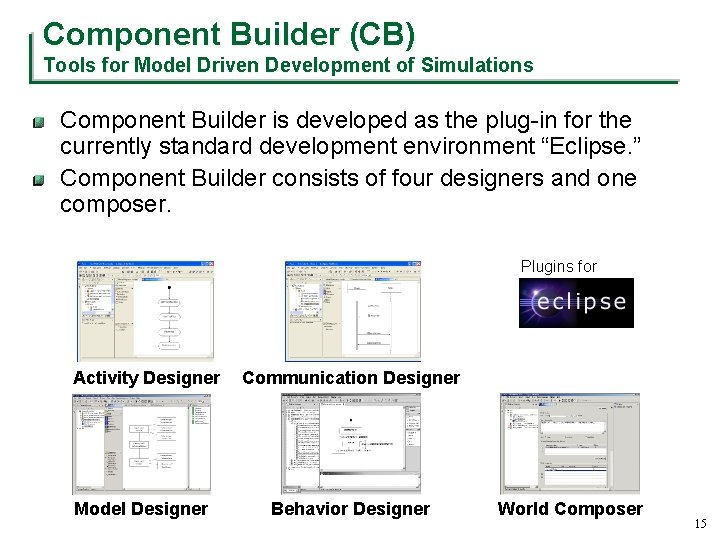 Component Builder (CB) Tools for Model Driven Development of Simulations Component Builder is developed