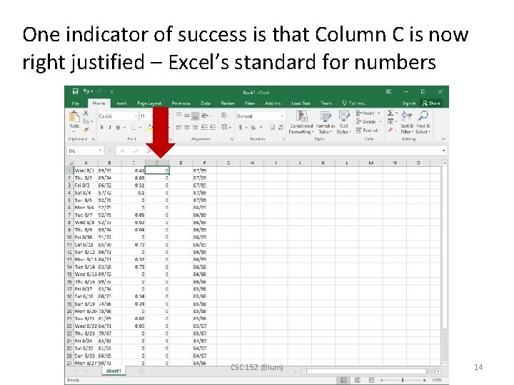 One indicator of success is that Column C is now right justified – Excel’s