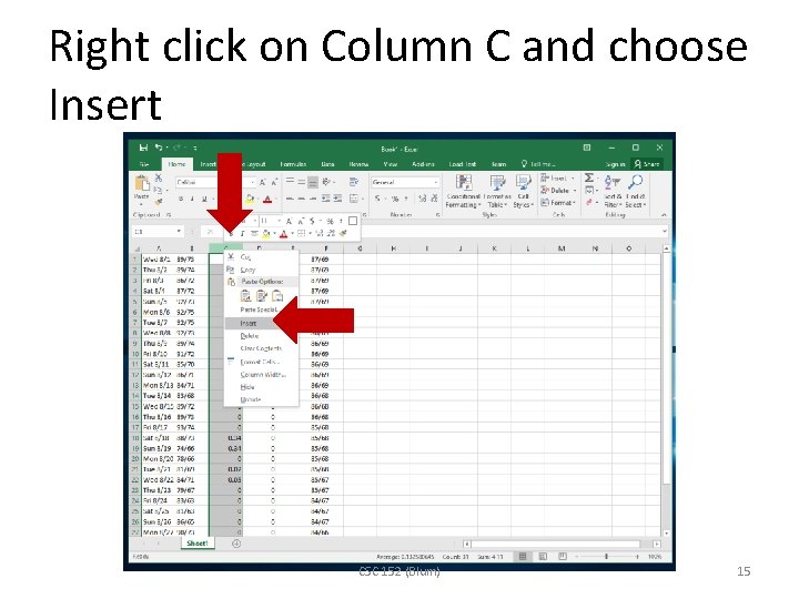 Right click on Column C and choose Insert CSC 152 (Blum) 15 