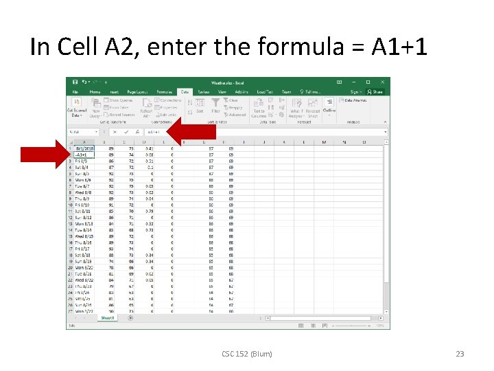 In Cell A 2, enter the formula = A 1+1 CSC 152 (Blum) 23