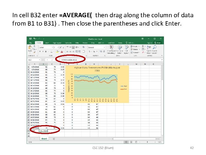 In cell B 32 enter =AVERAGE( then drag along the column of data from