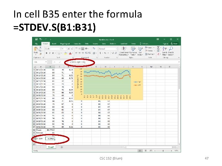 In cell B 35 enter the formula =STDEV. S(B 1: B 31) CSC 152