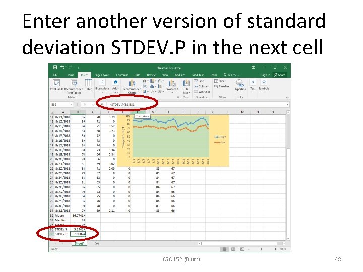 Enter another version of standard deviation STDEV. P in the next cell CSC 152