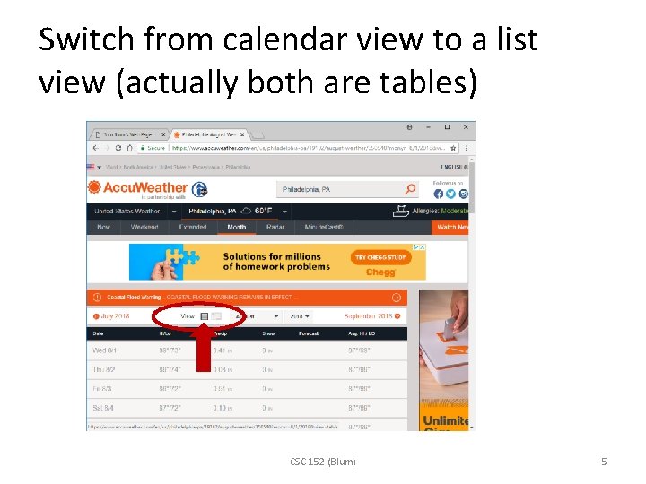 Switch from calendar view to a list view (actually both are tables) CSC 152