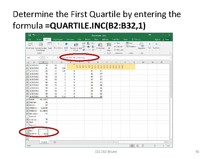 Determine the First Quartile by entering the formula =QUARTILE. INC(B 2: B 32, 1)