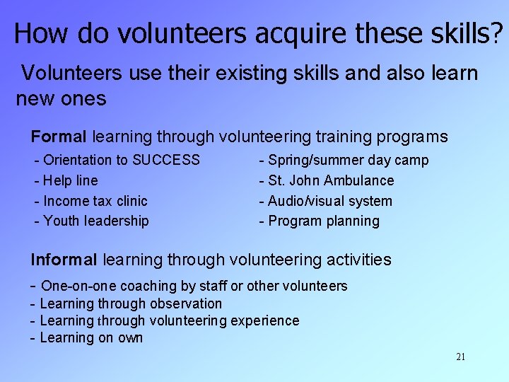 How do volunteers acquire these skills? Volunteers use their existing skills and also learn