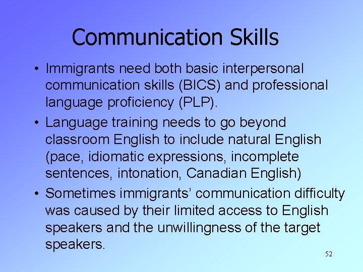 Communication Skills • Immigrants need both basic interpersonal communication skills (BICS) and professional language