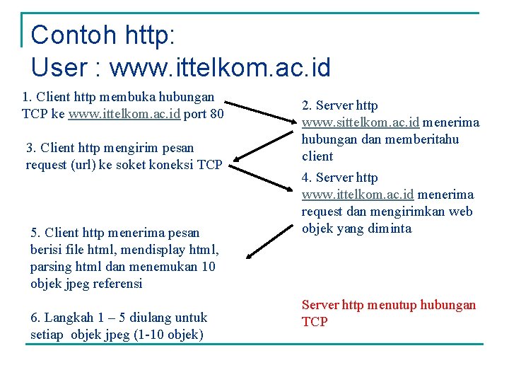 Contoh http: User : www. ittelkom. ac. id 1. Client http membuka hubungan TCP