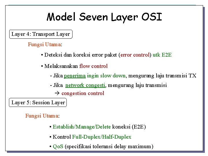 Model Seven Layer OSI Layer 4: Transport Layer Fungsi Utama: • Deteksi dan koreksi