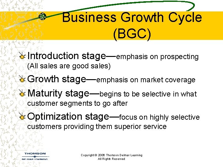 Business Growth Cycle (BGC) Introduction stage—emphasis on prospecting (All sales are good sales) Growth