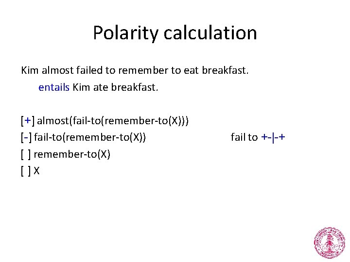 Polarity calculation Kim almost failed to remember to eat breakfast. entails Kim ate breakfast.