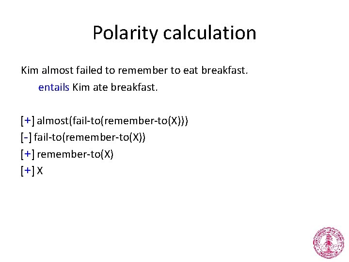 Polarity calculation Kim almost failed to remember to eat breakfast. entails Kim ate breakfast.