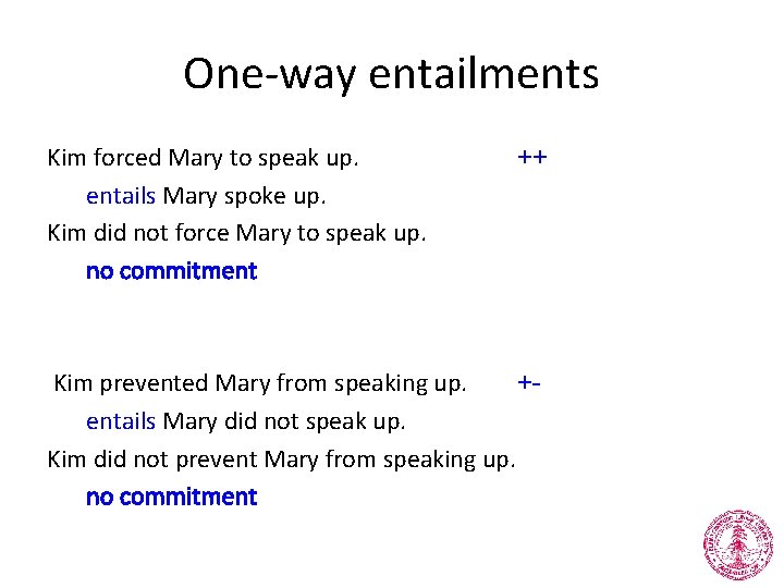 One-way entailments Kim forced Mary to speak up. entails Mary spoke up. Kim did