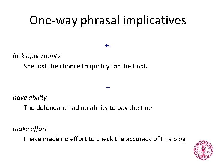 One-way phrasal implicatives +lack opportunity She lost the chance to qualify for the final.