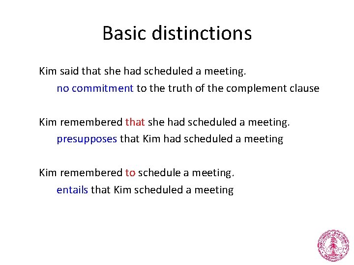 Basic distinctions Kim said that she had scheduled a meeting. no commitment to the