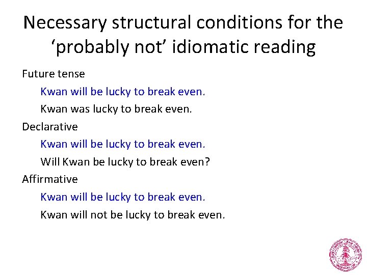 Necessary structural conditions for the ‘probably not’ idiomatic reading Future tense Kwan will be