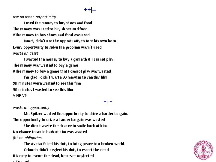 ++|-use an asset, opportunity I used the money to buy shoes and food. The