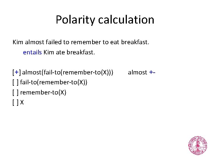 Polarity calculation Kim almost failed to remember to eat breakfast. entails Kim ate breakfast.