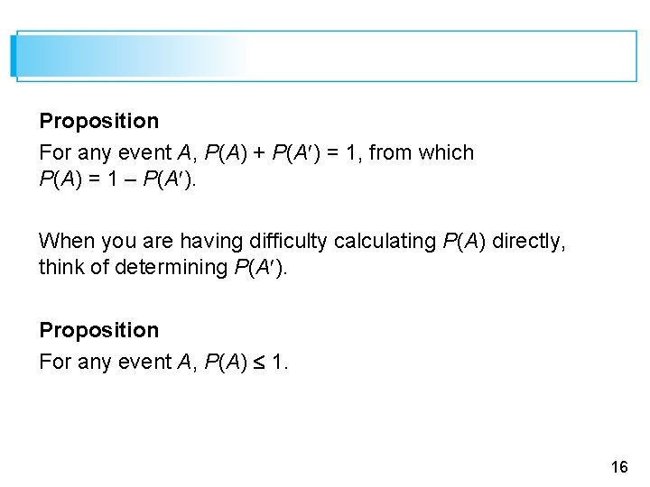 Proposition For any event A, P(A) + P(A ) = 1, from which P(A)
