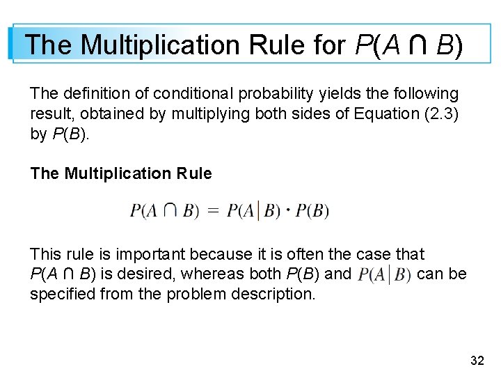 The Multiplication Rule for P(A ∩ B) The definition of conditional probability yields the