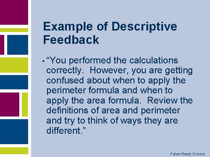 Example of Descriptive Feedback • “You performed the calculations correctly. However, you are getting