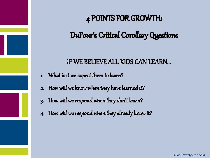 4 POINTS FOR GROWTH: Du. Four’s Critical Corollary Questions IF WE BELIEVE ALL KIDS