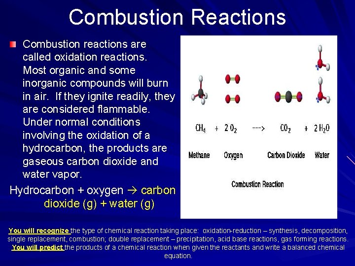 Combustion Reactions Combustion reactions are called oxidation reactions. Most organic and some inorganic compounds